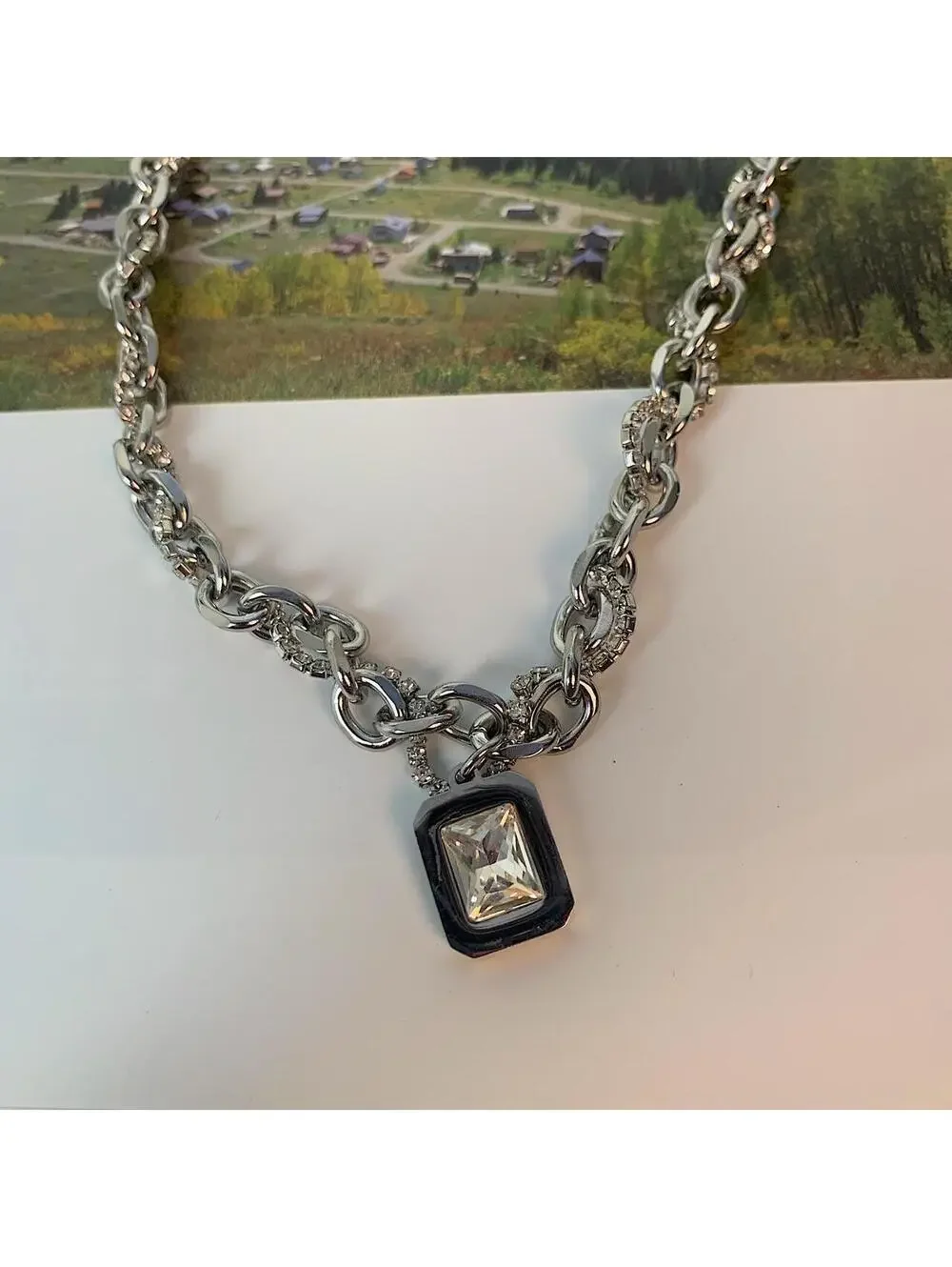 Stainless Steel White Opal Pendant Y2K Style Necklace. Unisex. Brand New. 18-.